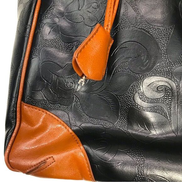 Gigi Hill LA Black Brown Tooled Vegan Leather Extra Large Travel Duffel Tote - Picture 3 of 16